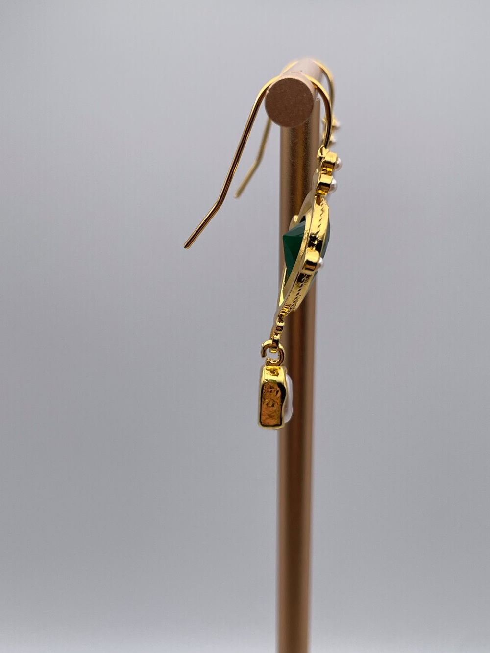 Gold Green Gem Faux Pearl Earrings - Picture 5 of 9